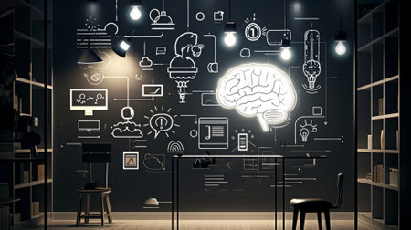 Idea concept with human brain drawing on a wall in office interiorの素材