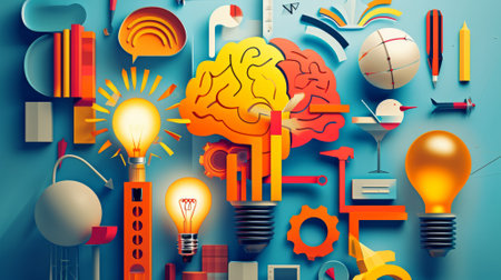 Creative brain with lightbulb on blue background. Technology and innovation concept. 3D Renderingの素材