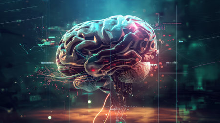 Human brain with digital background. 3d rendering toned image double exposureの素材