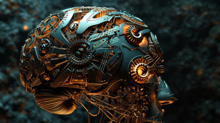 3D rendering of a robot head with gears and cogwheelsの素材
