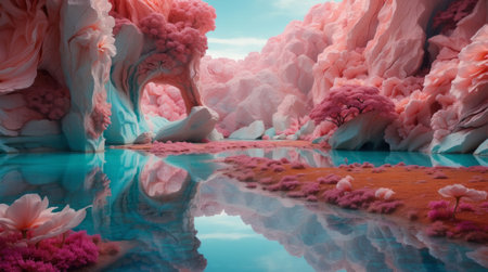 Beautiful fantasy landscape with water reflection. 3d render illustration.の素材