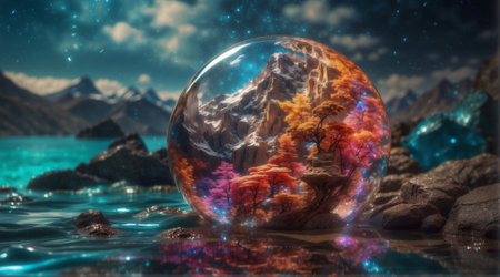 Fantasy landscape with a crystal ball and mountains. 3D renderingの素材