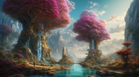 Fantasy landscape with trees, waterfall and lake. Digital painting.の素材