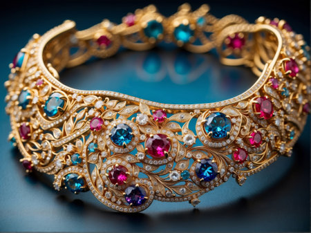Beautiful golden bracelet with precious stones on a dark blue background.の素材