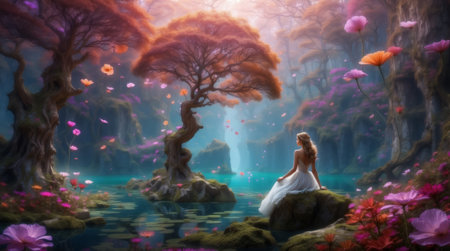 3D render of a beautiful bride on the background of a fantasy forestの素材