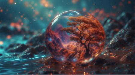 Crystal ball with the image of a tree in the water. 3D renderingの素材