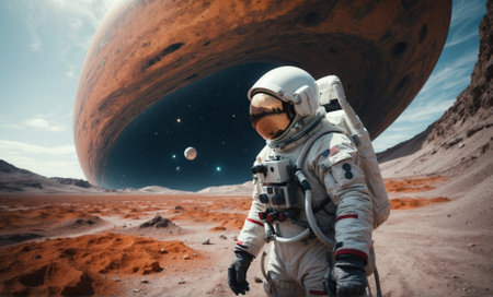 Astronaut in outer space. Science fiction art. Mixed mediaの素材