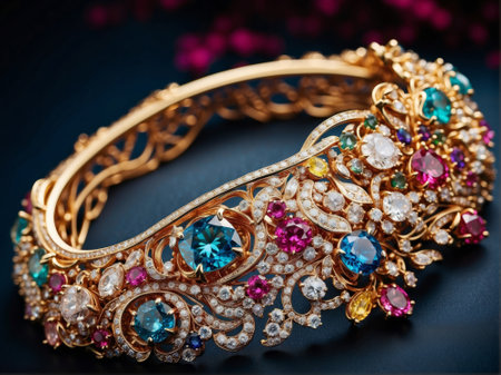 Beautiful golden bracelet with precious stones on a dark background close upの素材