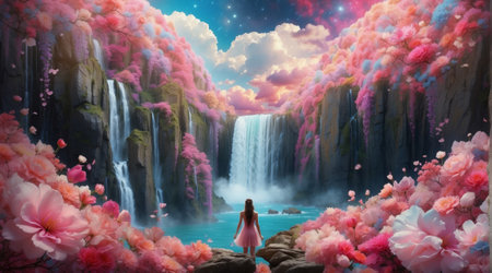 3D rendering of a woman standing in front of a waterfall with pink flowersの素材