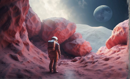 Astronaut exploring the planet Mars. 3D Rendering.の素材