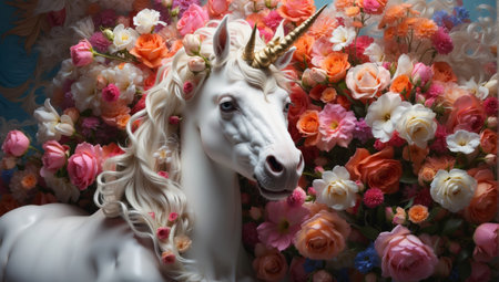 Beautiful white unicorn on a background of flowers in the studio.の素材