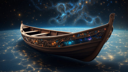 Fantasy image of a wooden boat on the background of the universe.の素材