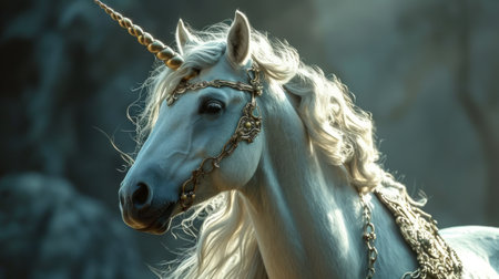 Beautiful white unicorn with long mane and chain, closeupの素材