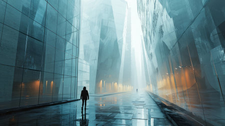 Businessman walking on street in modern city at night. Mixed mediaの素材