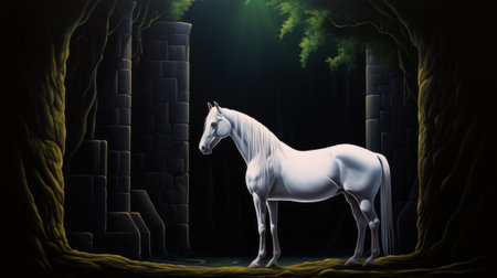 Illustration of a white horse in a dark fantasy temple.の素材