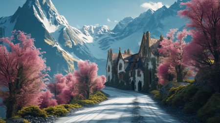 Church in the middle of the forest with snow mountain background, 3d renderの素材