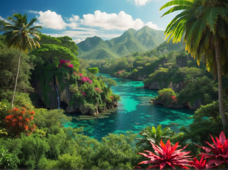 Tropical landscape with turquoise water and palm trees.の素材