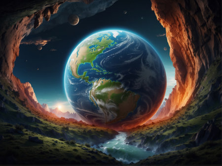 Earth in a cave. Surreal 3D rendering.の素材
