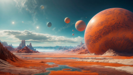 Fantasy alien planet. Mountain and lake. 3D illustration.の素材