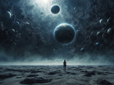 Mysterious astronaut looking at planets in deep space. Mixed mediaの素材