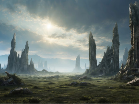 Fantasy landscape with ancient temples in the mountains. 3d renderの素材