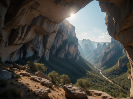 View of a Cave in a Valley Landscape.の素材