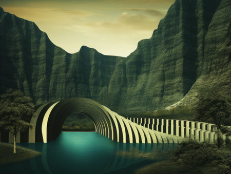 Abstract 3d rendering of a bridge with a river in the middle.の素材