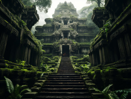 3D rendering of a Temple in a fantasy landscape in the jungle.の素材