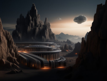Fantasy alien planet. Flying saucer. 3D illustration.の素材