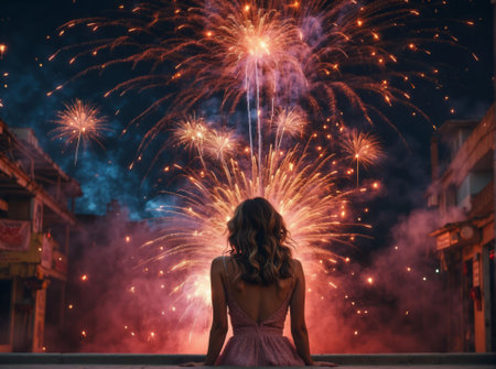 Girl in a pink dress with fireworks on the background of the cityの素材