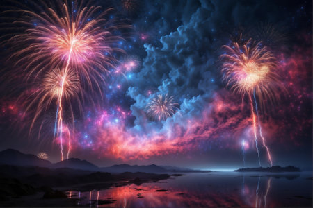 Fireworks in the night sky with reflection on the water. 3d renderingの素材
