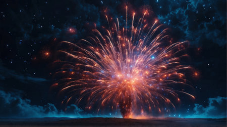 Beautiful fireworks in the night sky. 3d rendering, 3d illustration.の素材