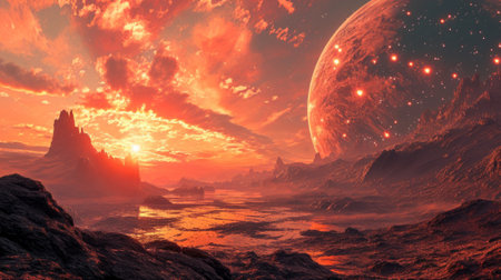 Alien Planet - 3D Rendered Computer Artwork. Rocks and skyの素材