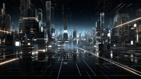 3D rendering of a futuristic city in a cyber space. Abstract futuristic cityscape.の素材
