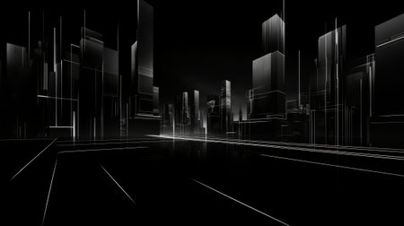 3d render of a modern city at night with abstract buildings and lights.の素材