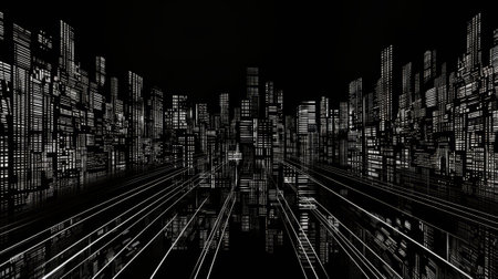 3d illustration of abstract technology concept - modern city with high buildingsの素材
