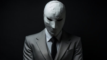 Businessman in a white mask on a dark background. Close-upの素材