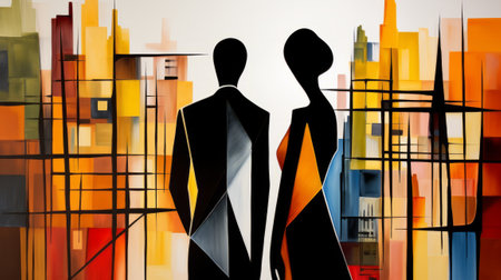 Business man and woman silhouettes on abstract background. 3D renderingの素材