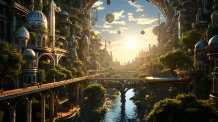 Fantasy landscape of ancient city and river. 3D Renderingの素材