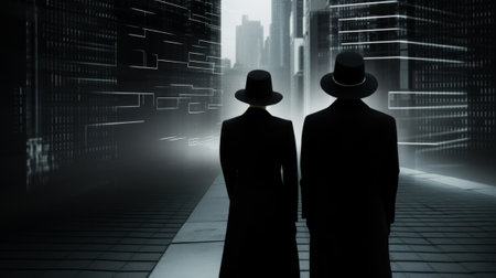 Silhouette of a man and a woman in the abstract cityの素材