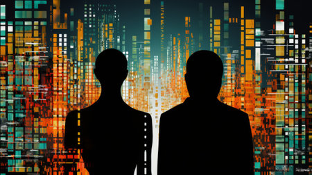 Silhouettes of businessmen on the background of the binary code.の素材