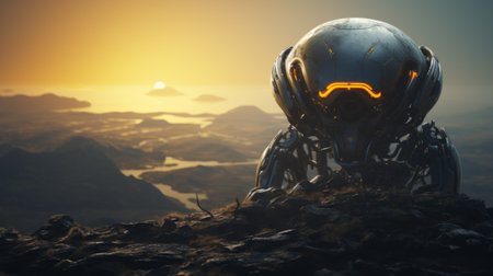 Futuristic robot exploring fantasy planet. 3D rendering.の素材