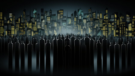 Silhouette of a group of business people against cityscape backgroundの素材