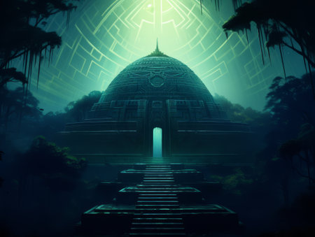 Mysterious dark temple in the misty forest 3D renderingの素材