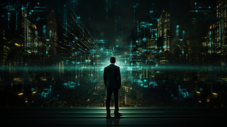 Businessman looking at futuristic cityscape with glowing lights. Mixed mediaの素材