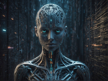 3d rendering of female cyborg with binary code and digital backgroundの素材
