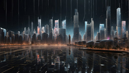 3D illustration of a futuristic city at night with lights and reflectionsの素材