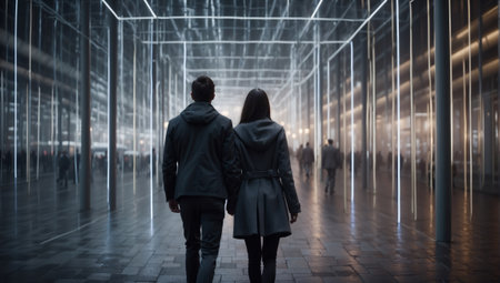 Rear view of a couple walking in the hallway of a futuristic buildingの素材