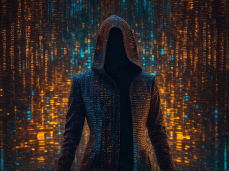 Hooded man in front of a binary code background. Cybercrime concept.の素材