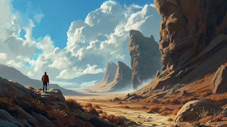 Fantasy alien planet. Mountain and lake. 3D illustration.の素材